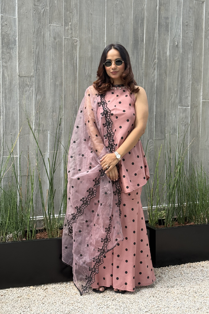MAUVE POLKA DOT SET WITH EMBROIDERED ORGANZA DUPATTA