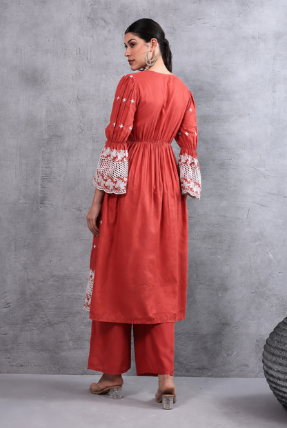 Rust White Floral Embroidered Kurta Set