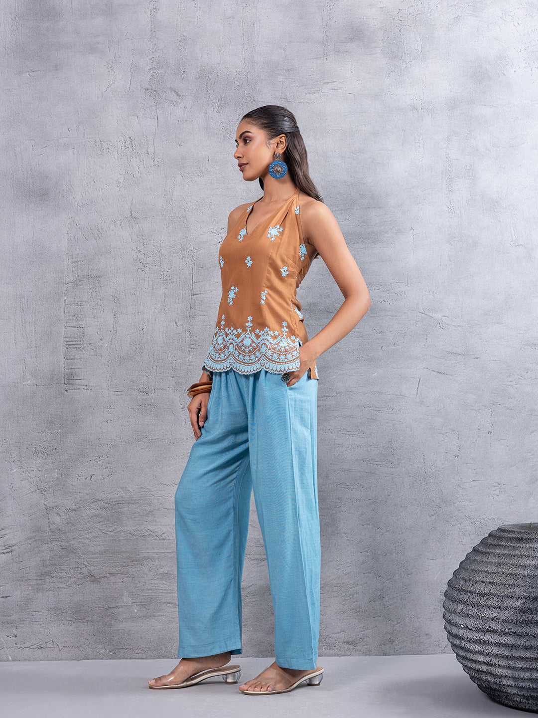 CARAMEL BLUE EMBROIDERED HALTER KURTA SET