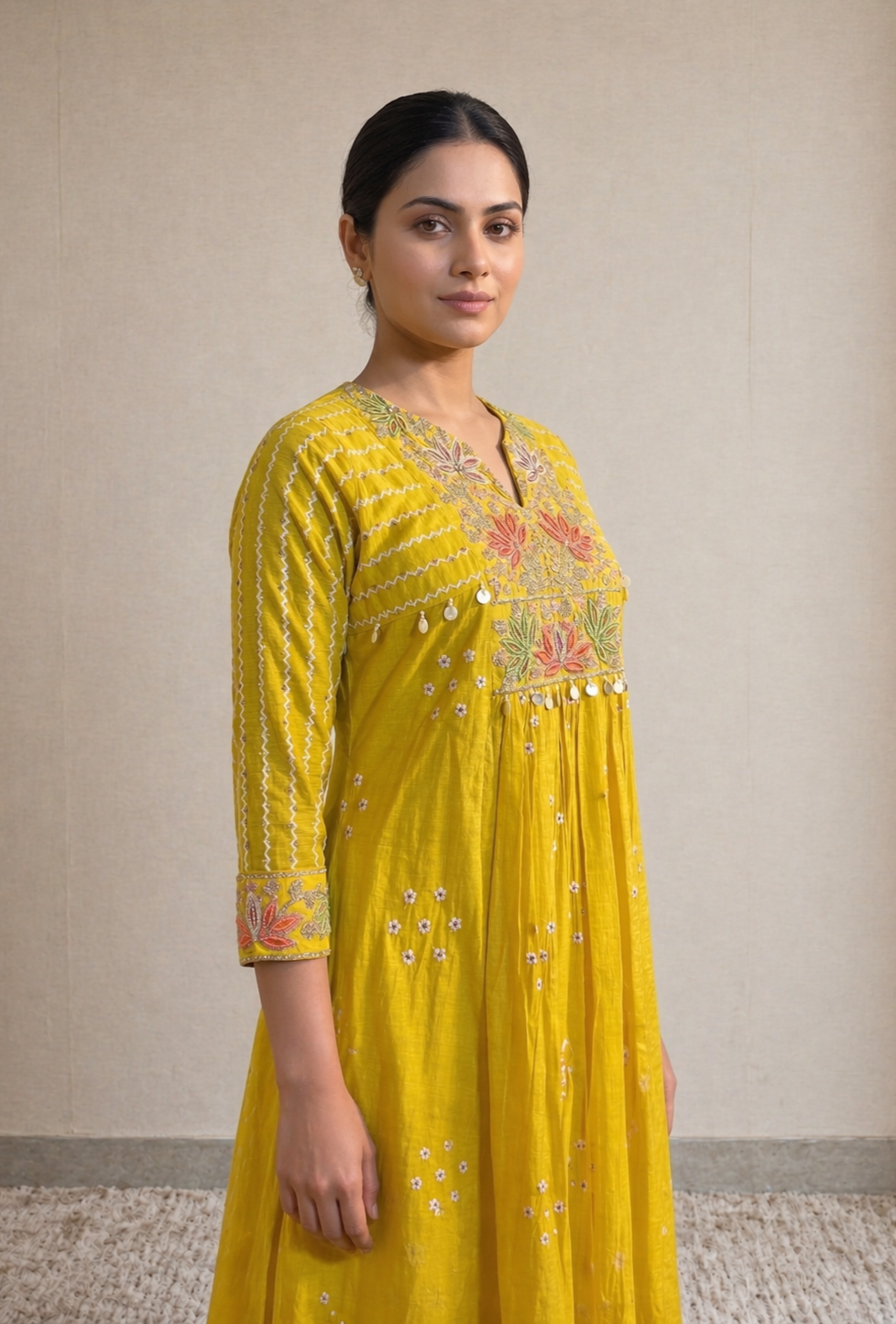 Yellow Multicolored Floral Embroidered Suit Set