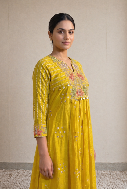 Yellow Multicolored Floral Embroidered Suit Set