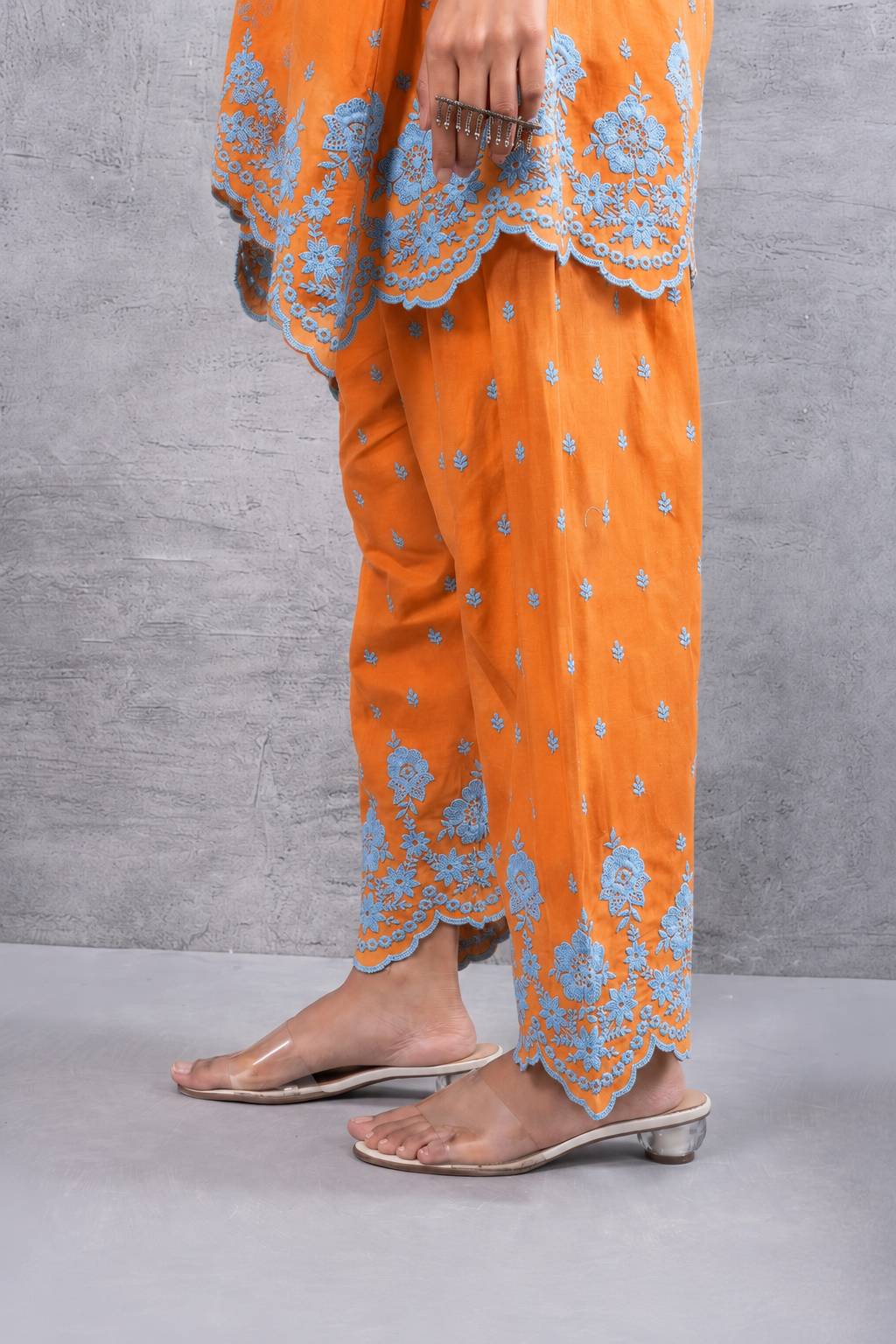 ORANGE AND BLUE HALTER EMBROIDERED FARSHI SALWAR SET
