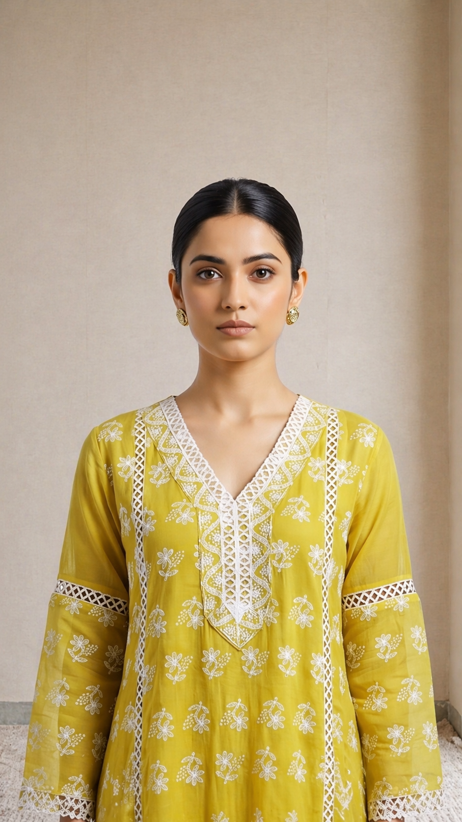 Yellow And White Floral Embroidered Kurta Set