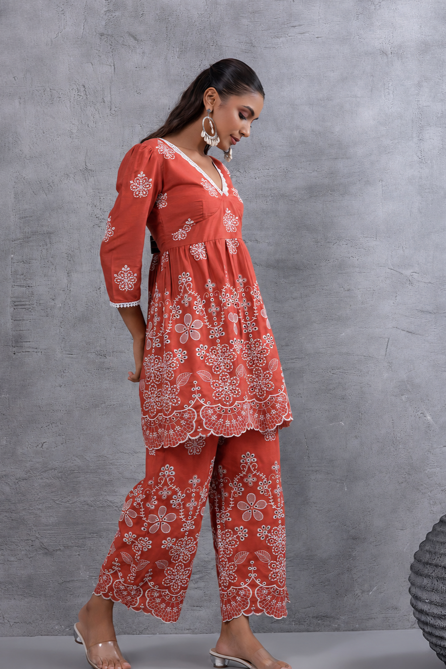 Rust And White Fit & Flare Kurta Set with Scalloped Floral Chikankari Embroidery