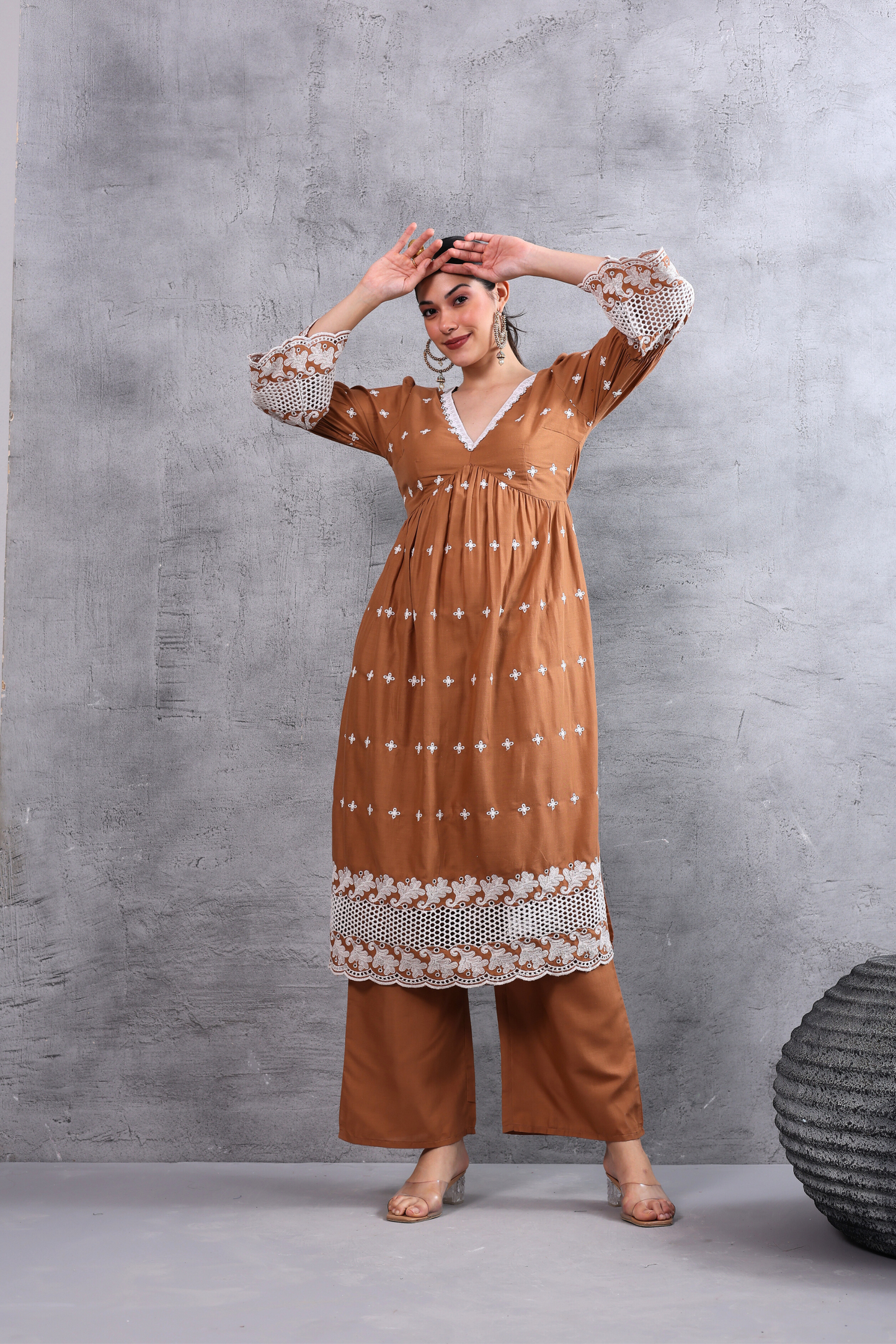 Brown White Floral Embroidered Kurta Set