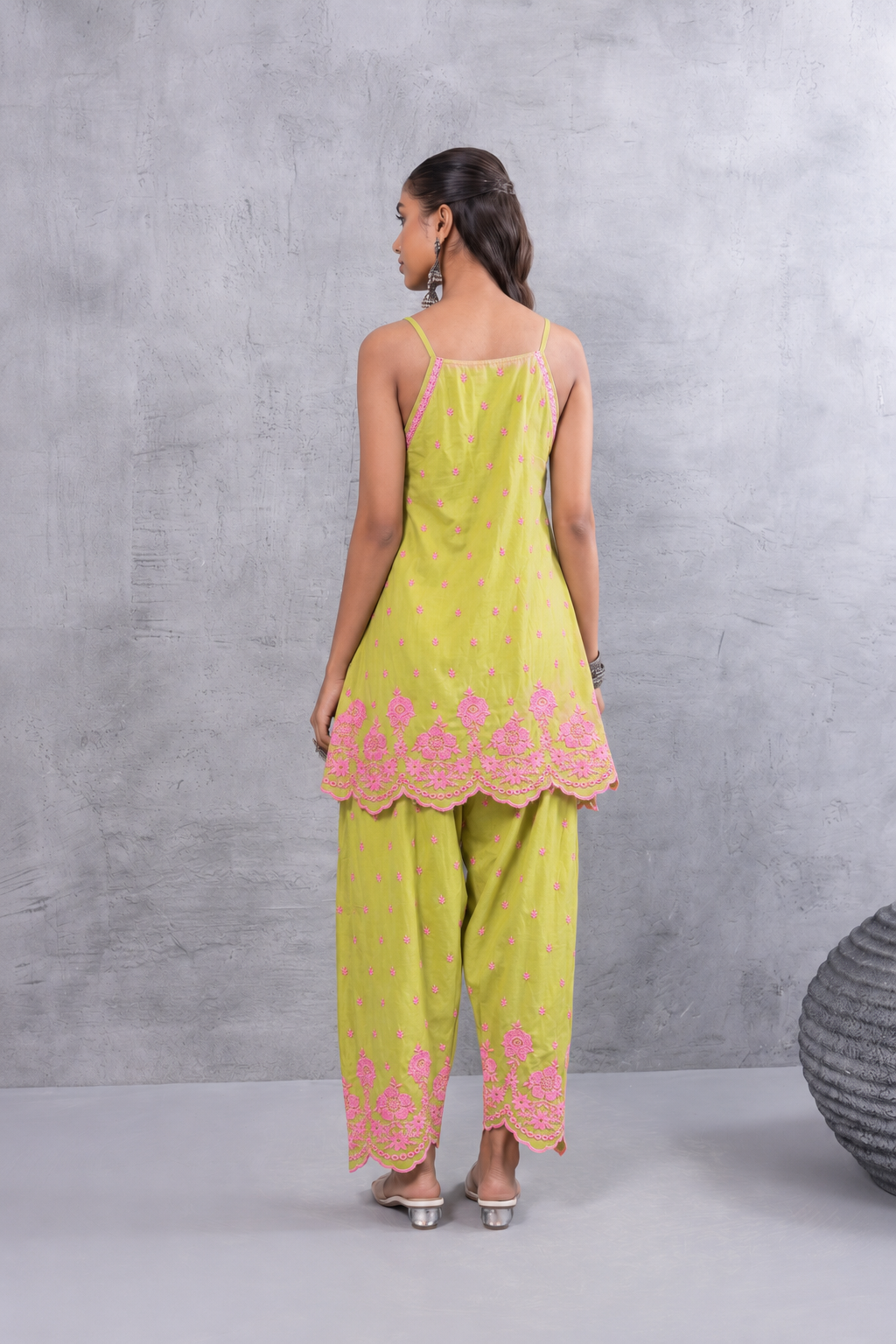LIME AND PINK HALTER EMBROIDERED FARSHI SALWAR SET