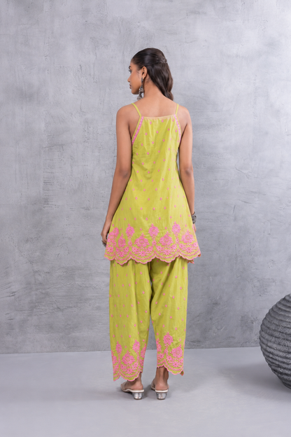 LIME AND PINK HALTER EMBROIDERED FARSHI SALWAR SET