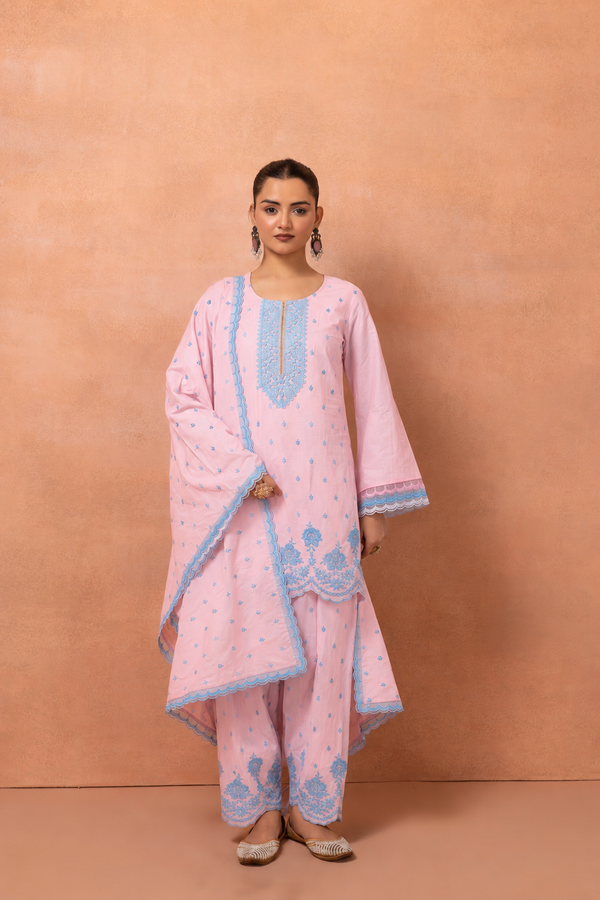 Baby Pink And Blue Embroidered Cotton Farshi Salwar Suit Set