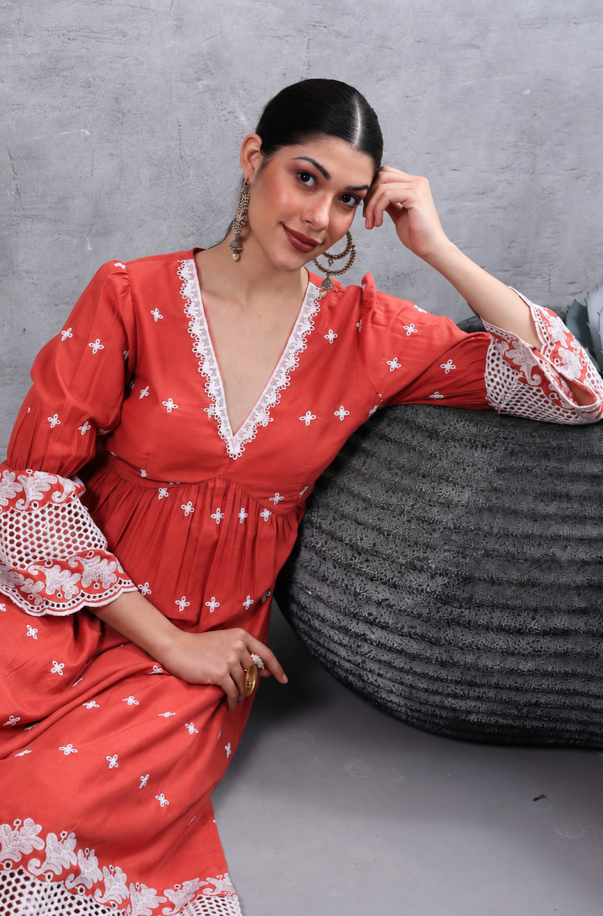 Rust White Floral Embroidered Kurta Set