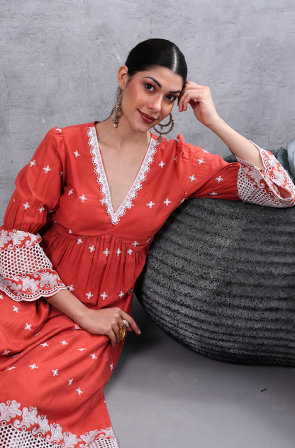 Rust White Floral Embroidered Kurta Set