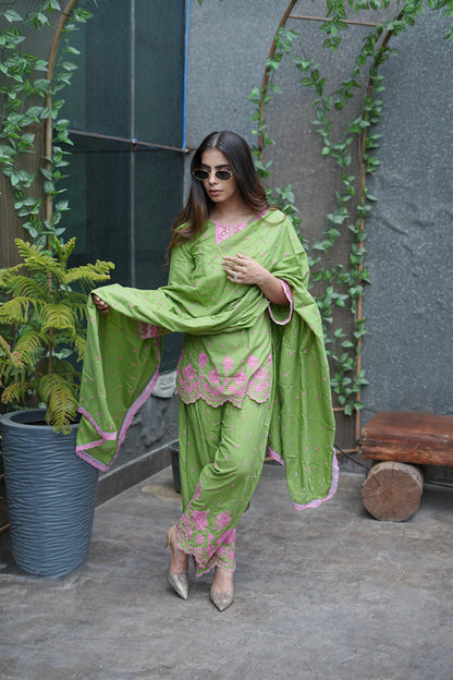 Green And Pink Embroidered Cotton Farshi Salwar Suit Set