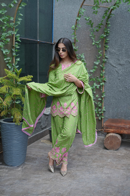 Green And Pink Embroidered Cotton Farshi Salwar Suit Set