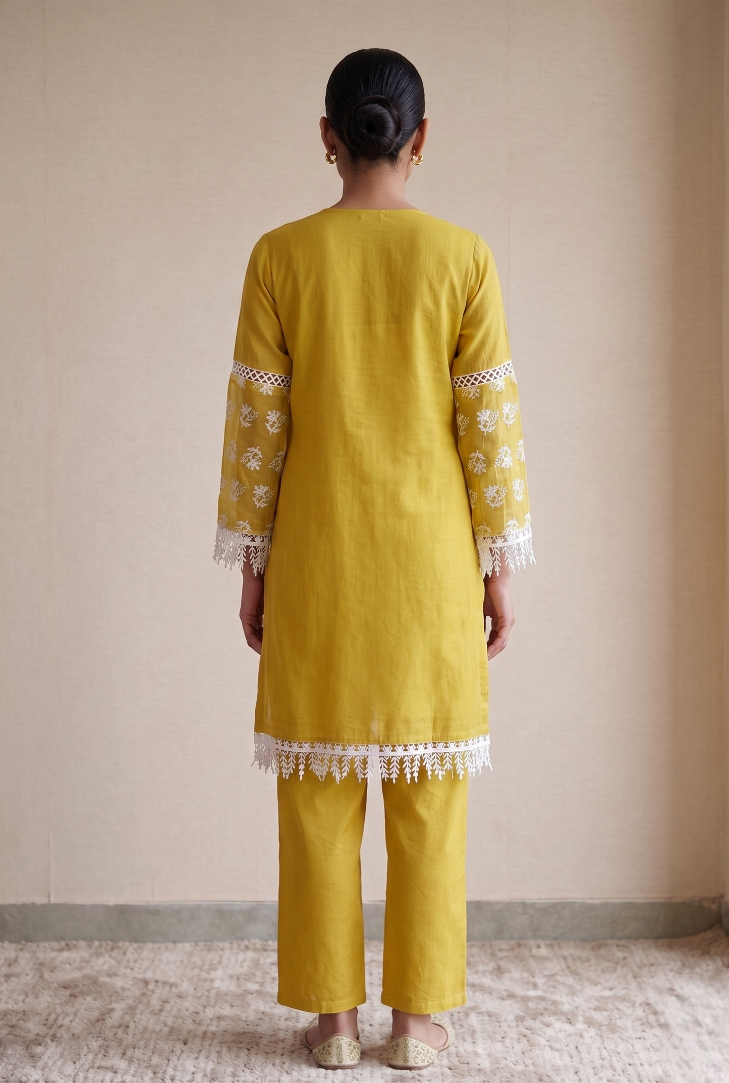 Yellow And White Floral Embroidered Kurta Set