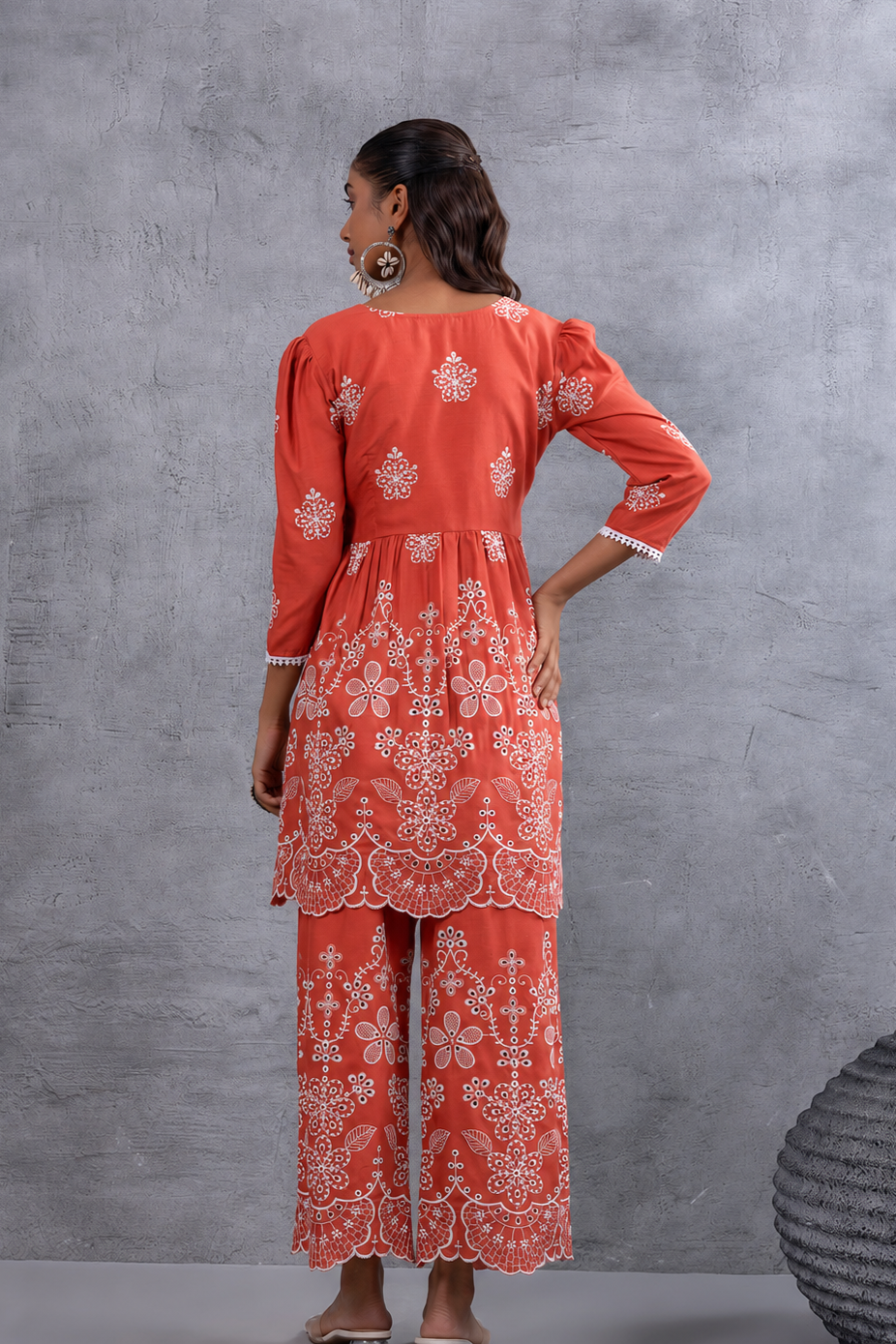 Rust And White Fit & Flare Kurta Set with Scalloped Floral Chikankari Embroidery