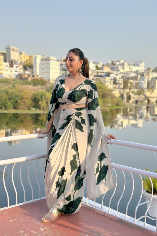 Beige and Green Floral Printed Drape Top and Dhoti Skirt Set