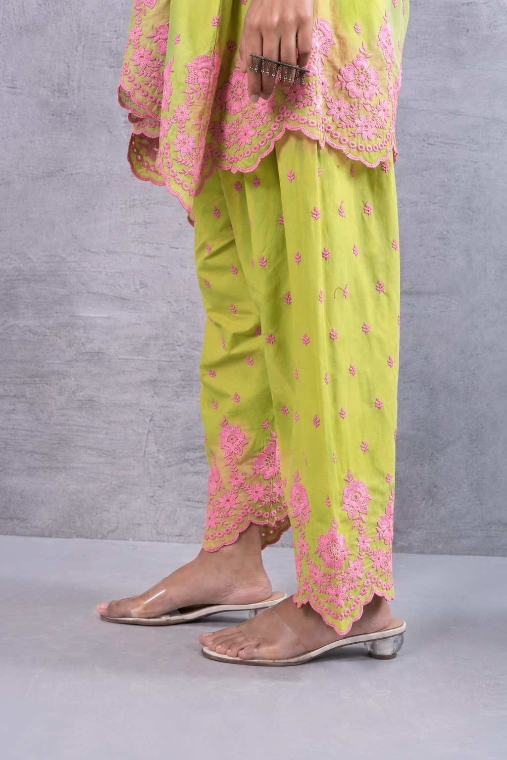 LIME AND PINK HALTER EMBROIDERED FARSHI SALWAR SET
