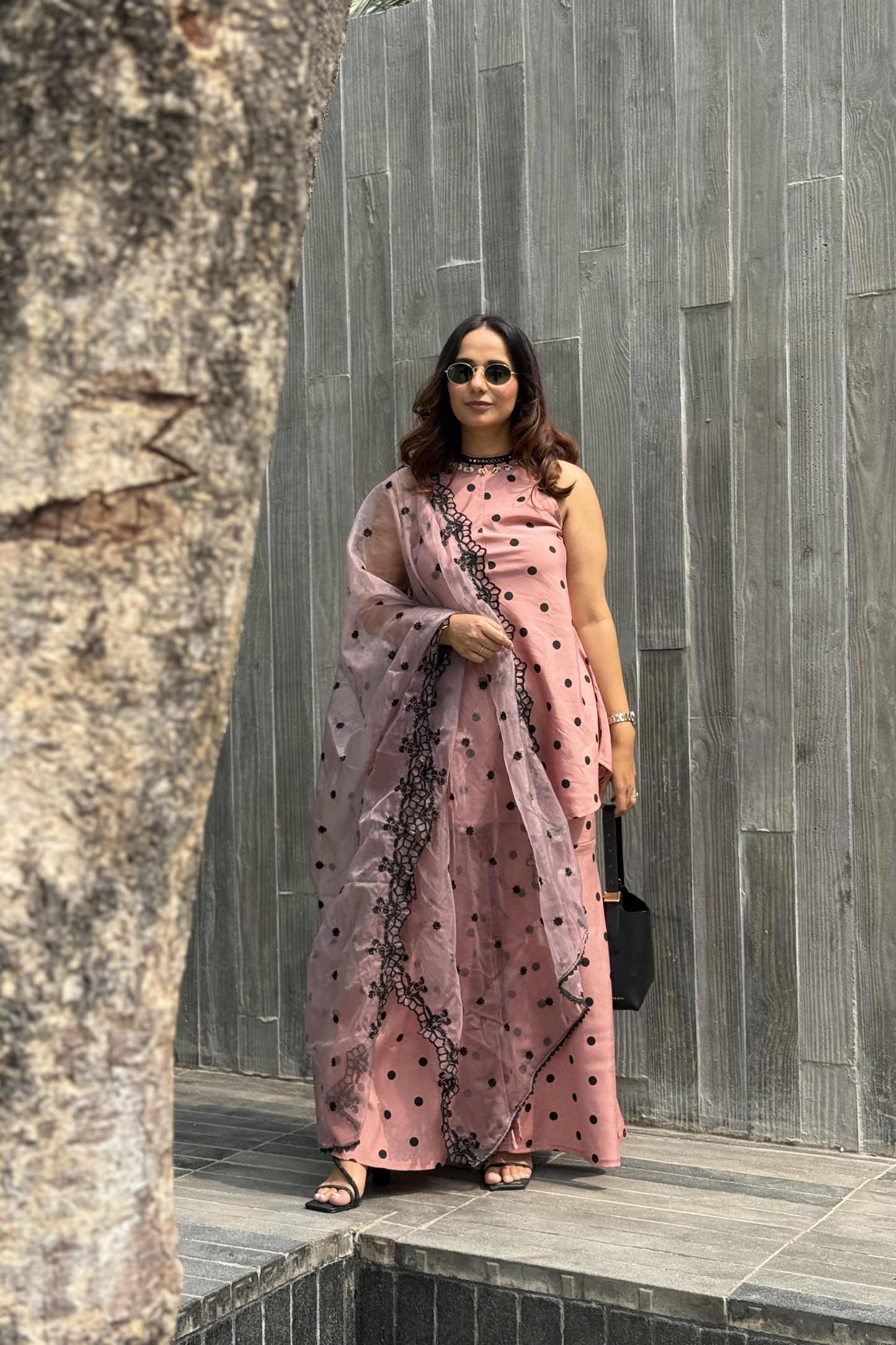 MAUVE POLKA DOT SET WITH EMBROIDERED ORGANZA DUPATTA