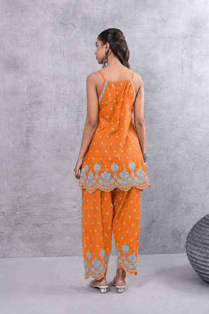 ORANGE AND BLUE HALTER EMBROIDERED FARSHI SALWAR SET