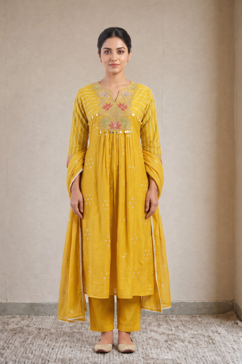 Yellow Multicolored Floral Embroidered Suit Set