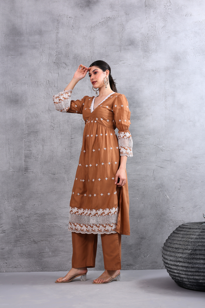 Brown White Floral Embroidered Kurta Set