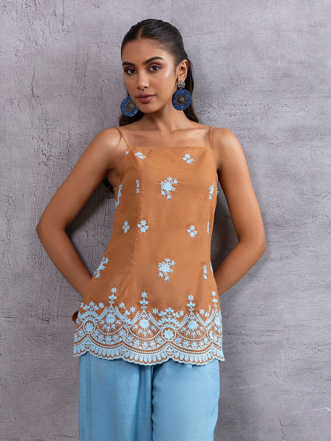 Brown Blue Embroidered Top