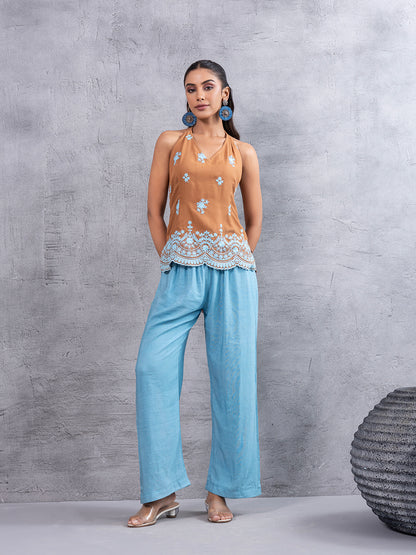 CARAMEL BLUE EMBROIDERED HALTER KURTA SET