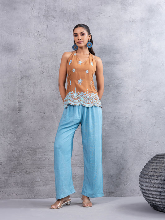 CARAMEL BLUE EMBROIDERED HALTER KURTA SET