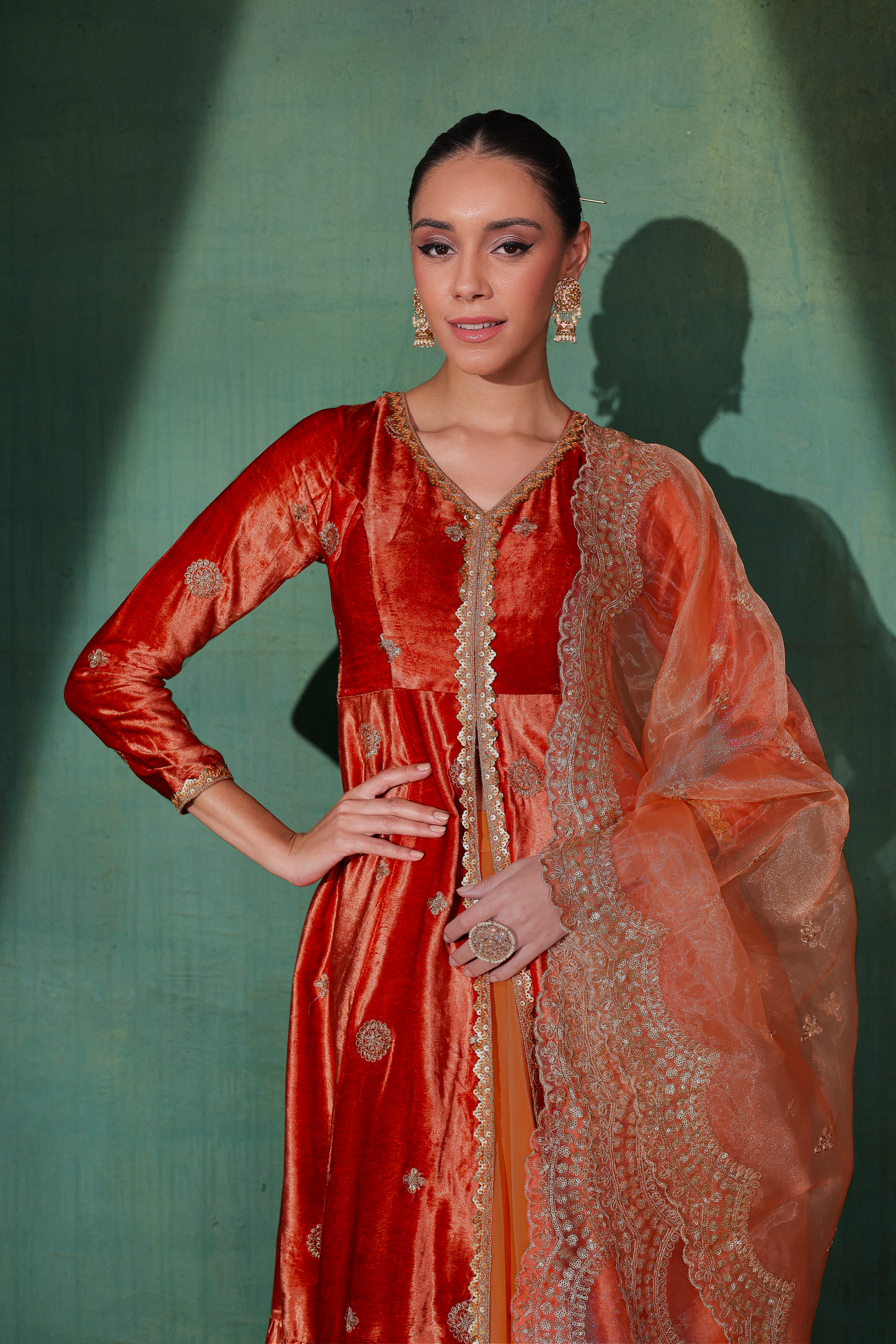 Burnt velvet Suit Set with Organza Dupatta