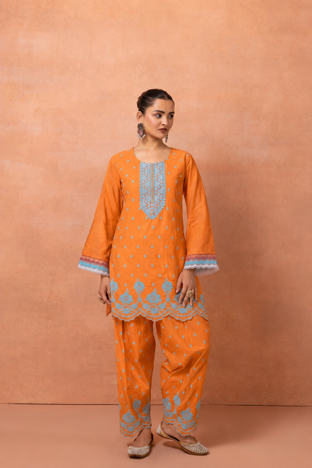 Orange And Blue Embroidered Cotton Farshi Salwar Suit Set