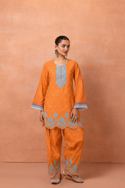 Orange And Blue Embroidered Cotton Farshi Salwar Suit Set