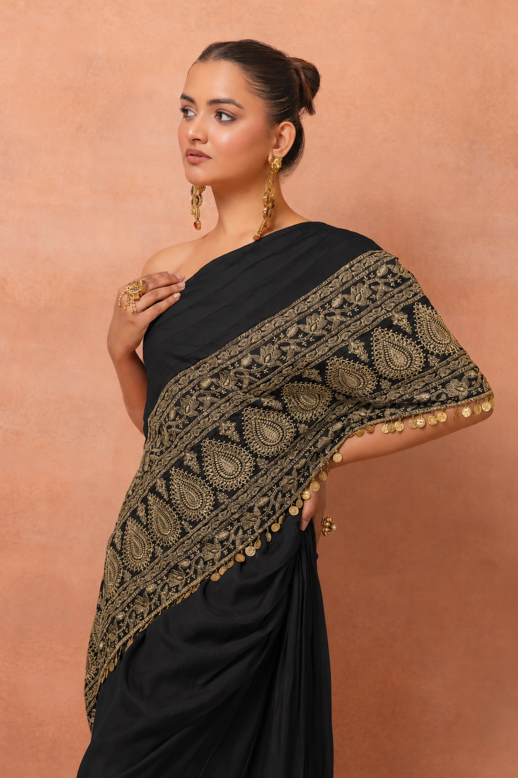 Black Embroidered Kaftan And Skirt Set