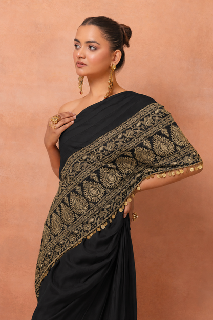 Black Embroidered Kaftan And Skirt Set