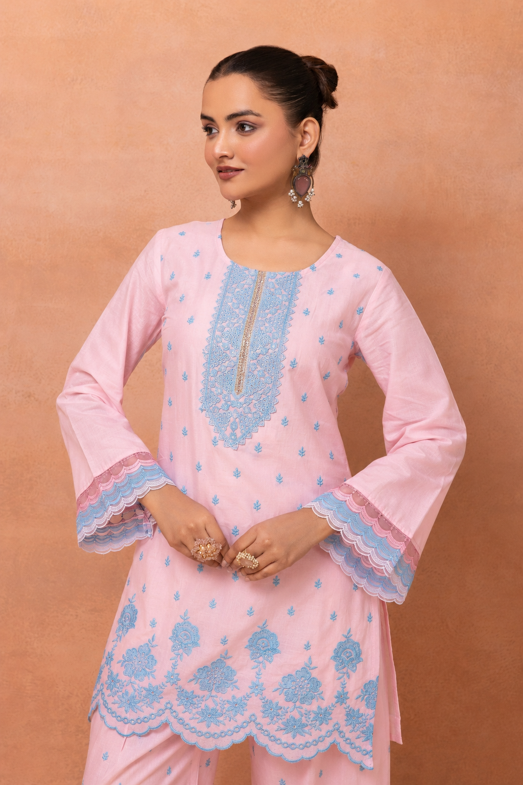 Baby Pink And Blue Embroidered Cotton Farshi Salwar Suit Set