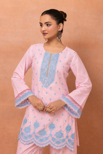 Baby Pink And Blue Embroidered Cotton Farshi Salwar Suit Set