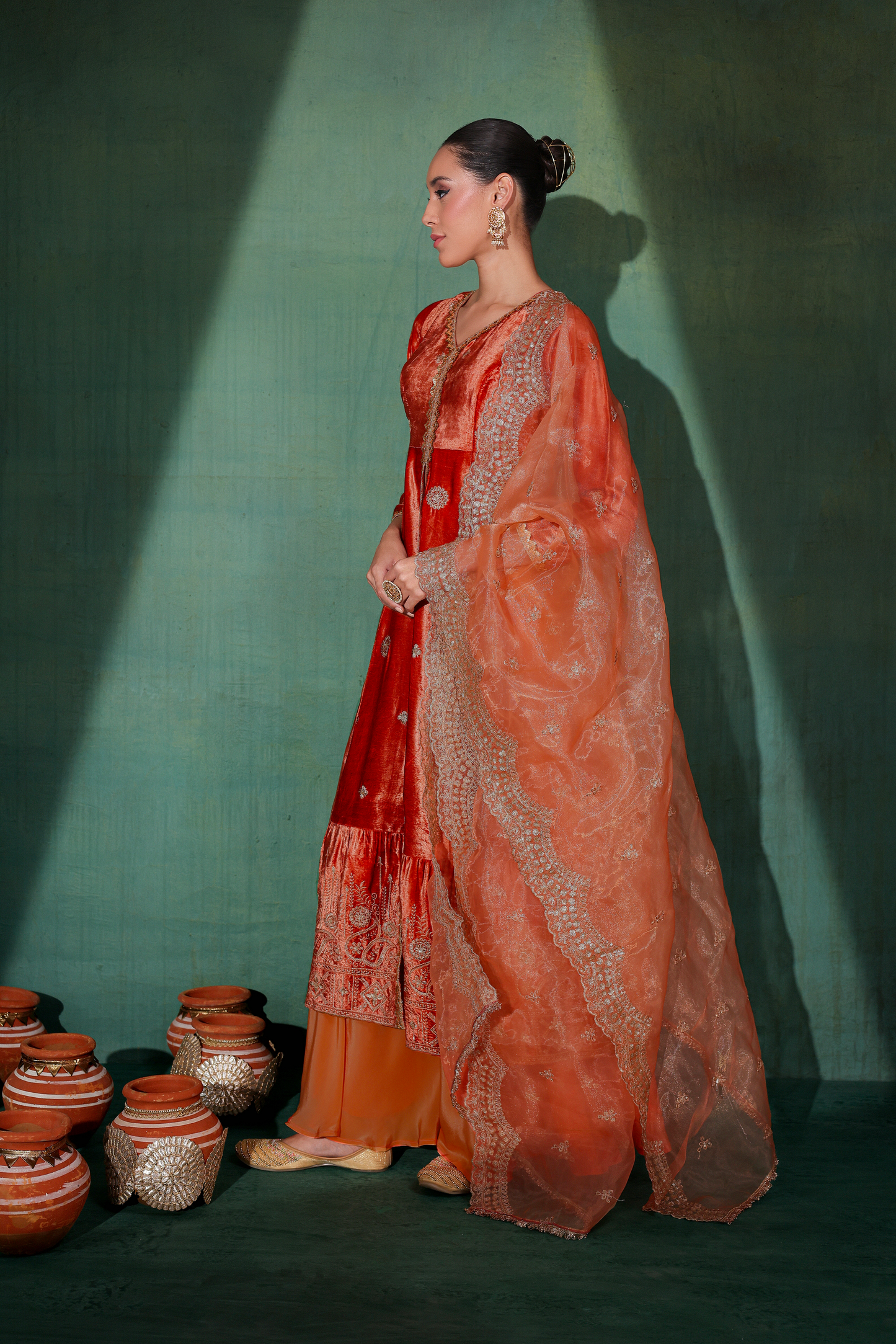 Burnt velvet Suit Set with Organza Dupatta