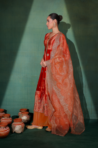 Burnt velvet Suit Set with Organza Dupatta