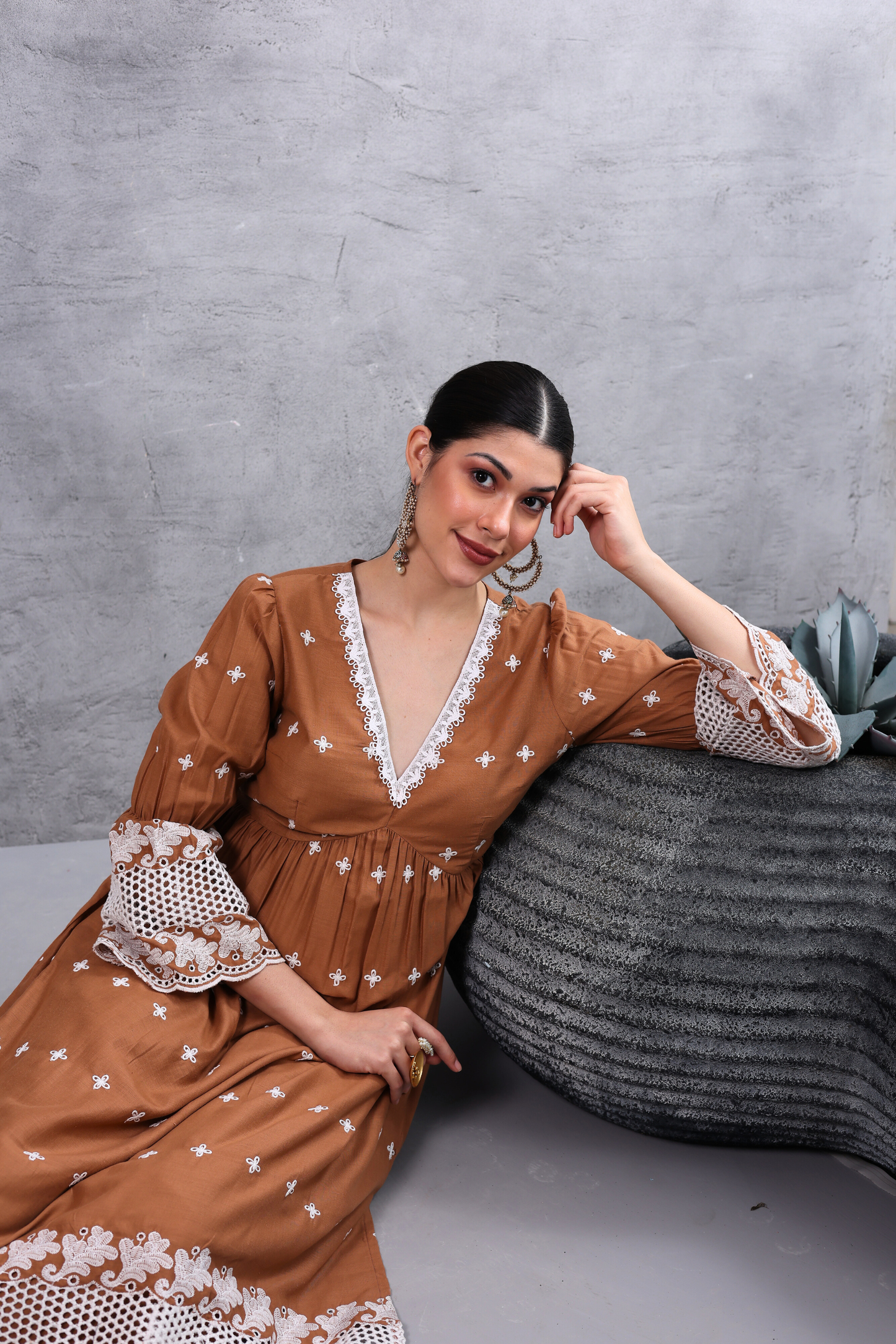 Brown White Floral Embroidered Kurta Set