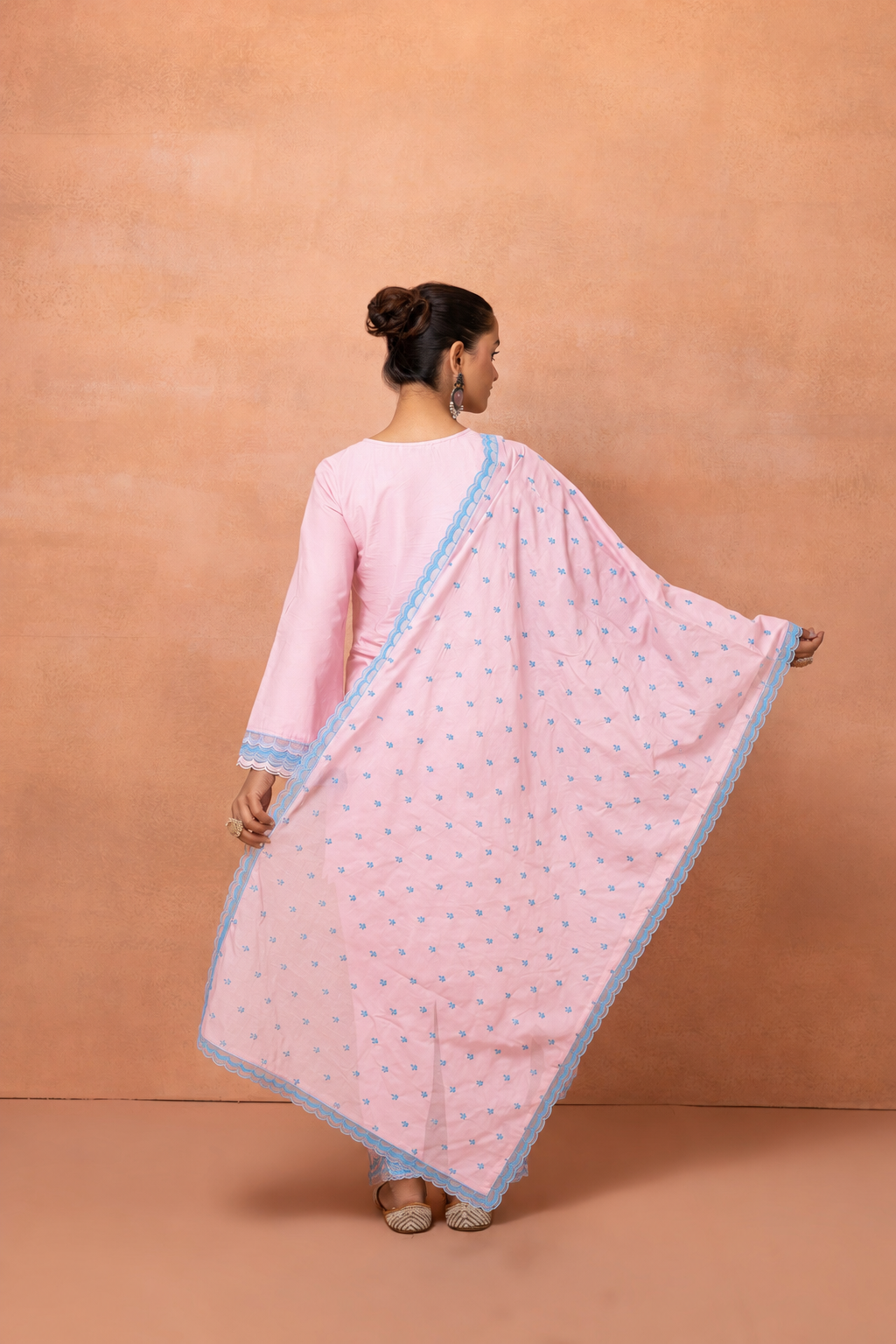 Baby Pink And Blue Embroidered Cotton Farshi Salwar Suit Set