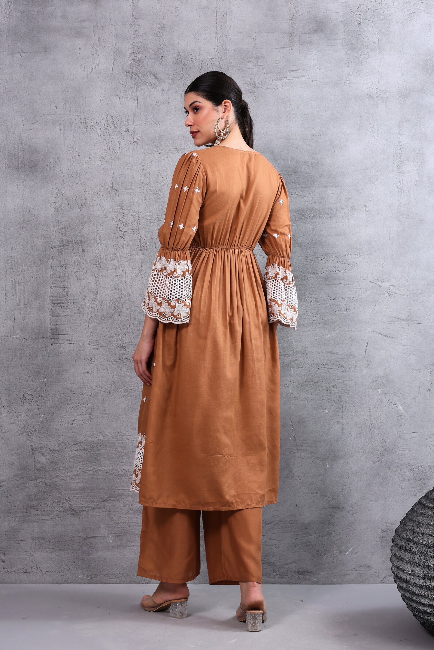 Brown White Floral Embroidered Kurta Set