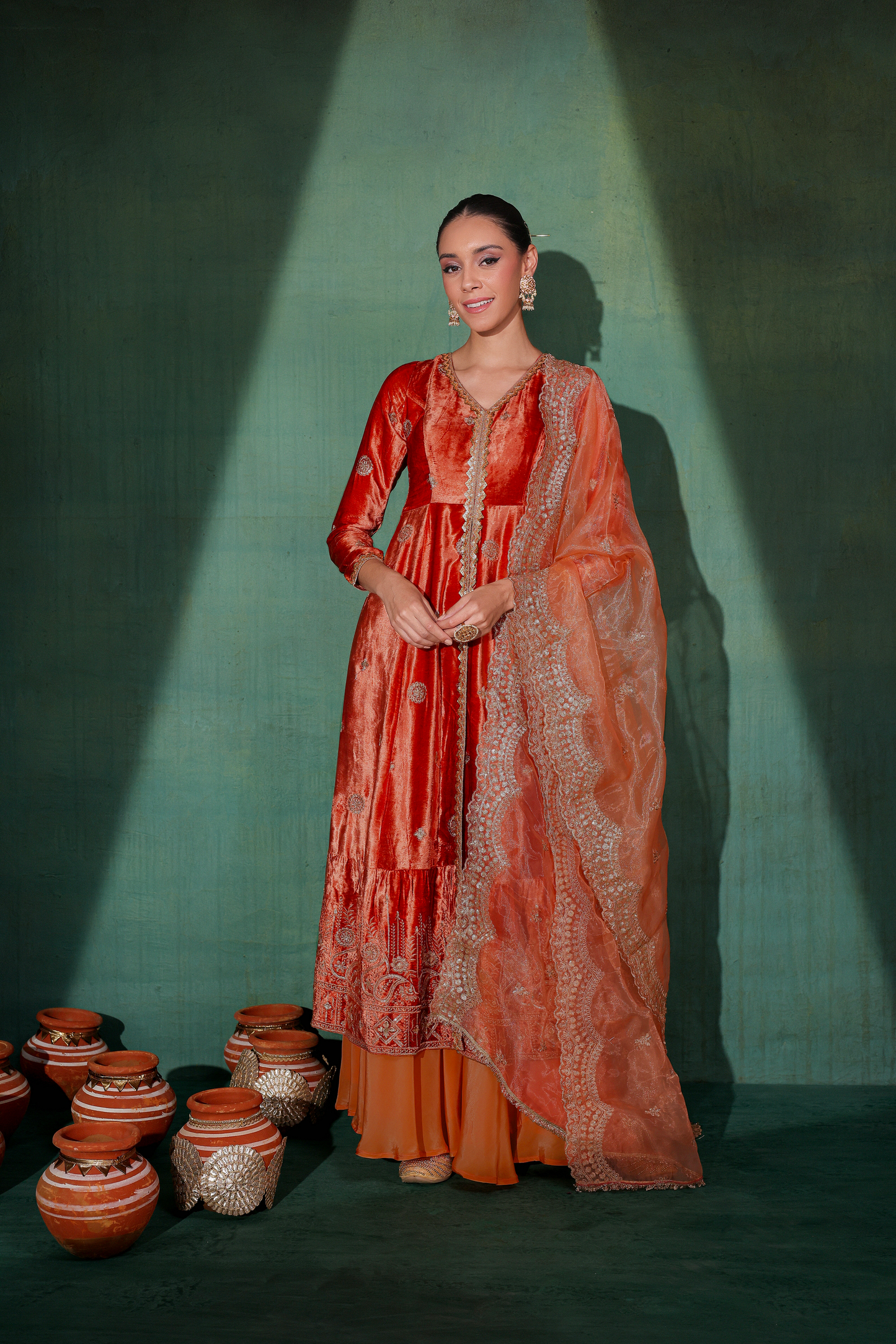 Burnt velvet Suit Set with Organza Dupatta