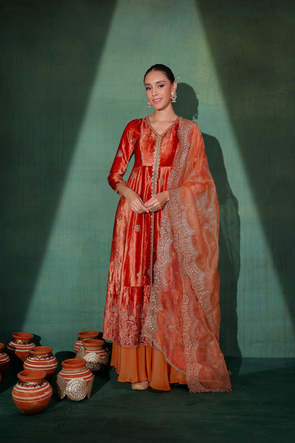 Burnt velvet Suit Set with Organza Dupatta
