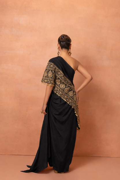 Black Embroidered Kaftan And Skirt Set