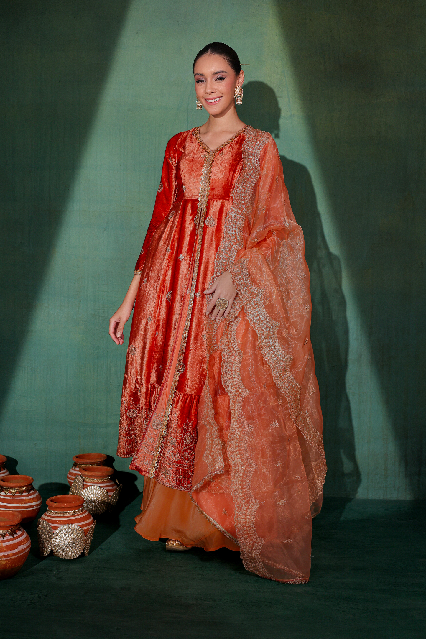 Burnt velvet Suit Set with Organza Dupatta