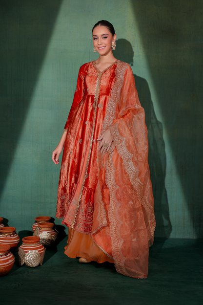 Burnt velvet Suit Set with Organza Dupatta