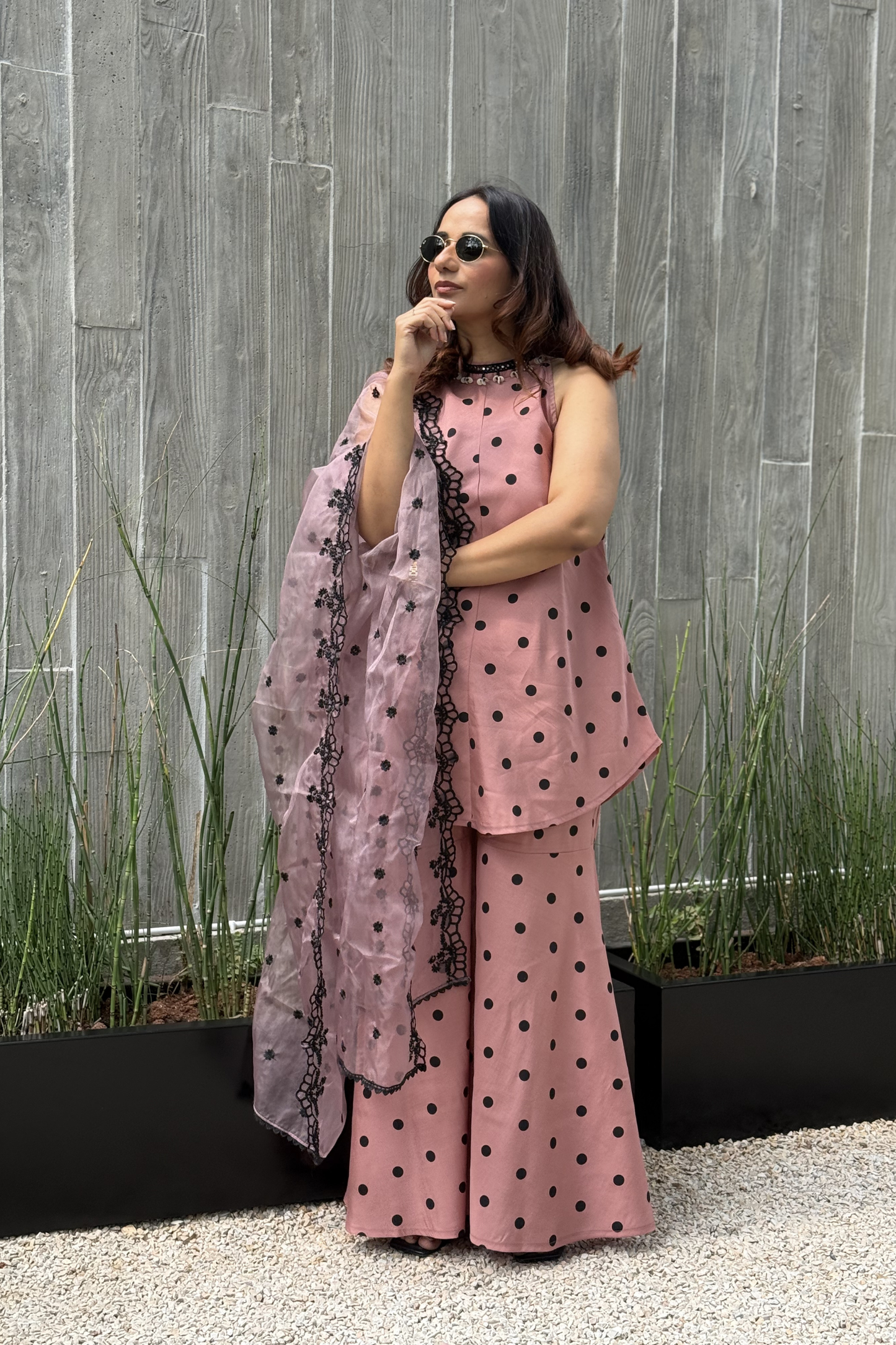 MAUVE POLKA DOT SET WITH EMBROIDERED ORGANZA DUPATTA