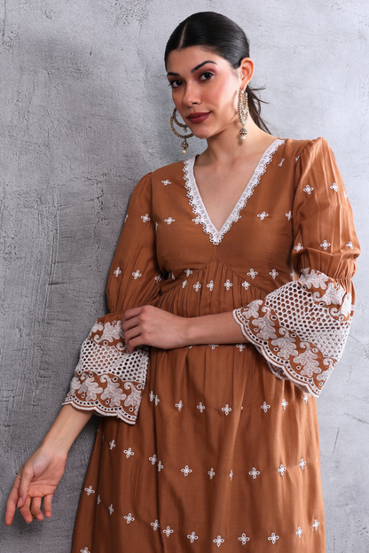 Brown White Floral Embroidered Kurta Set