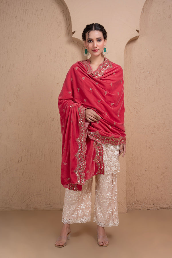 DARK PINK EMBROIDERED VELVET DUPATTA