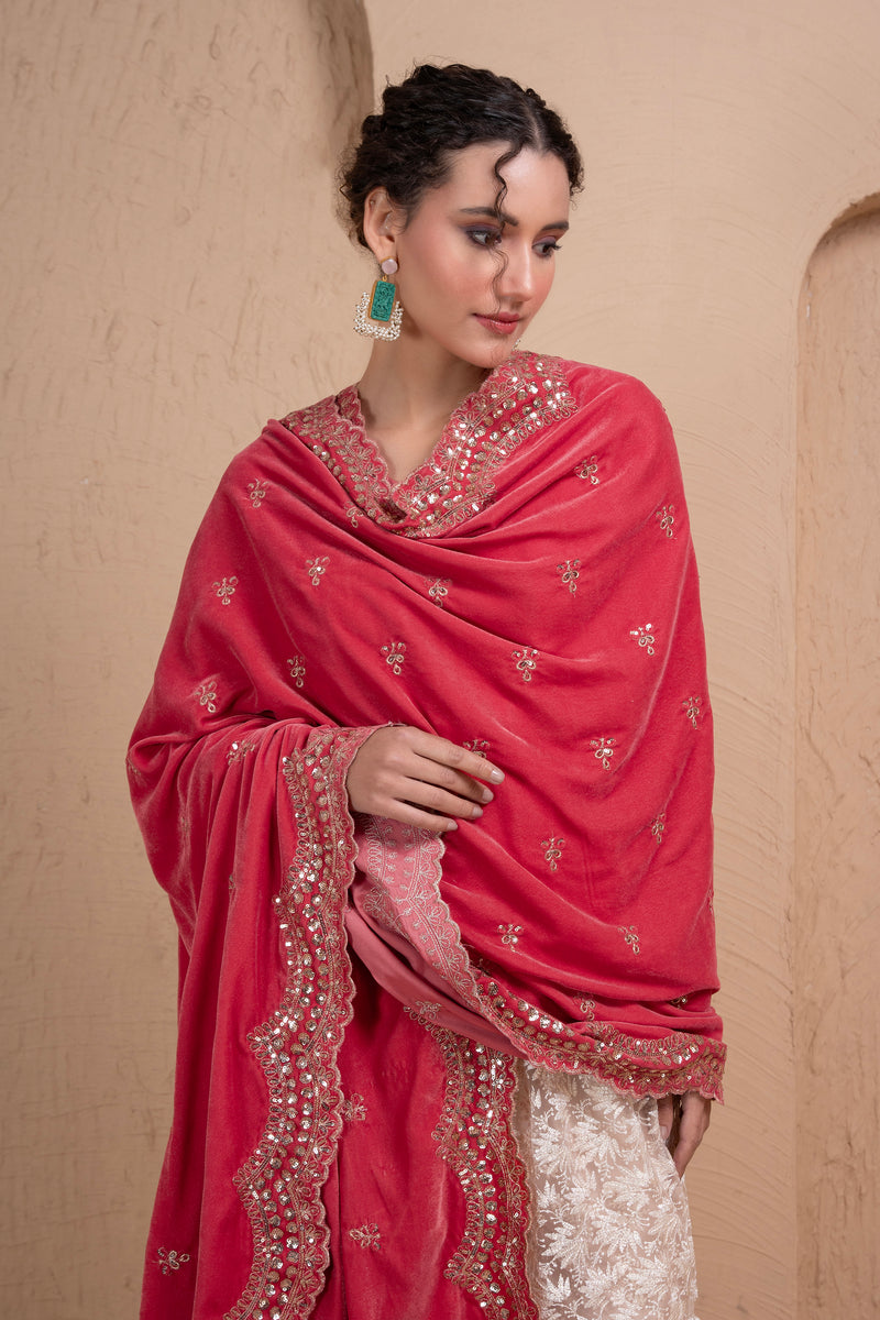 PEACH PINK EMBROIDERED VELVET DUPATTA