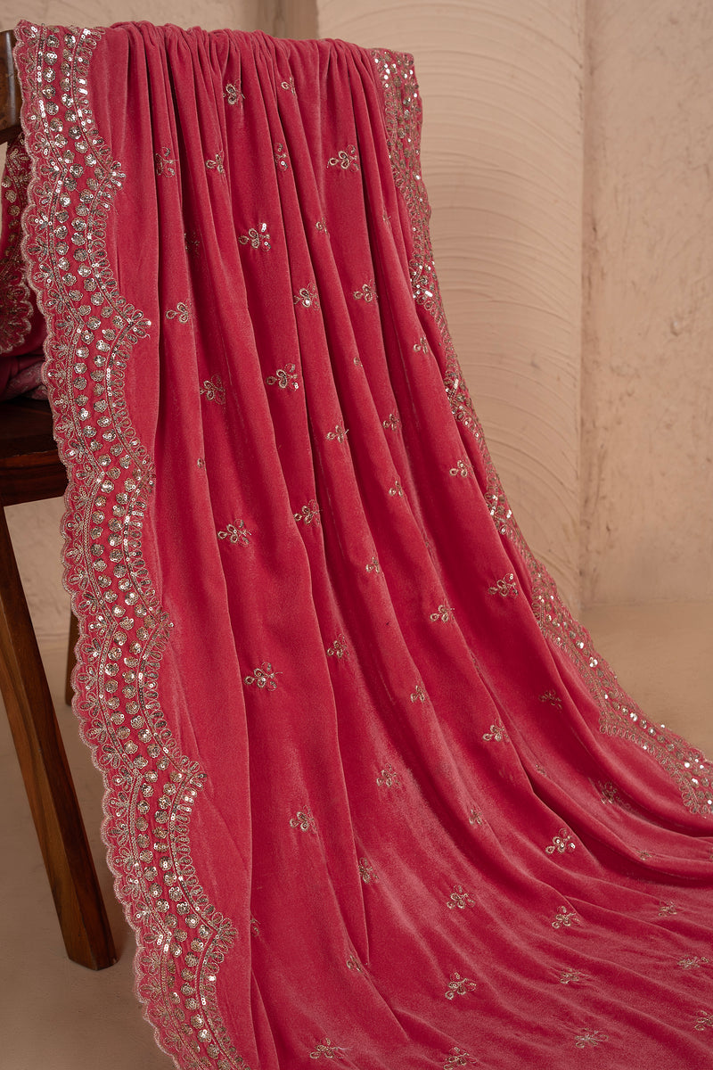 PEACH PINK EMBROIDERED VELVET DUPATTA