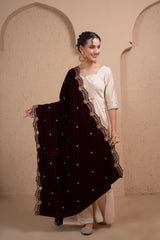 WINE GOLD EMBROIDERED VELVET DUPATTA